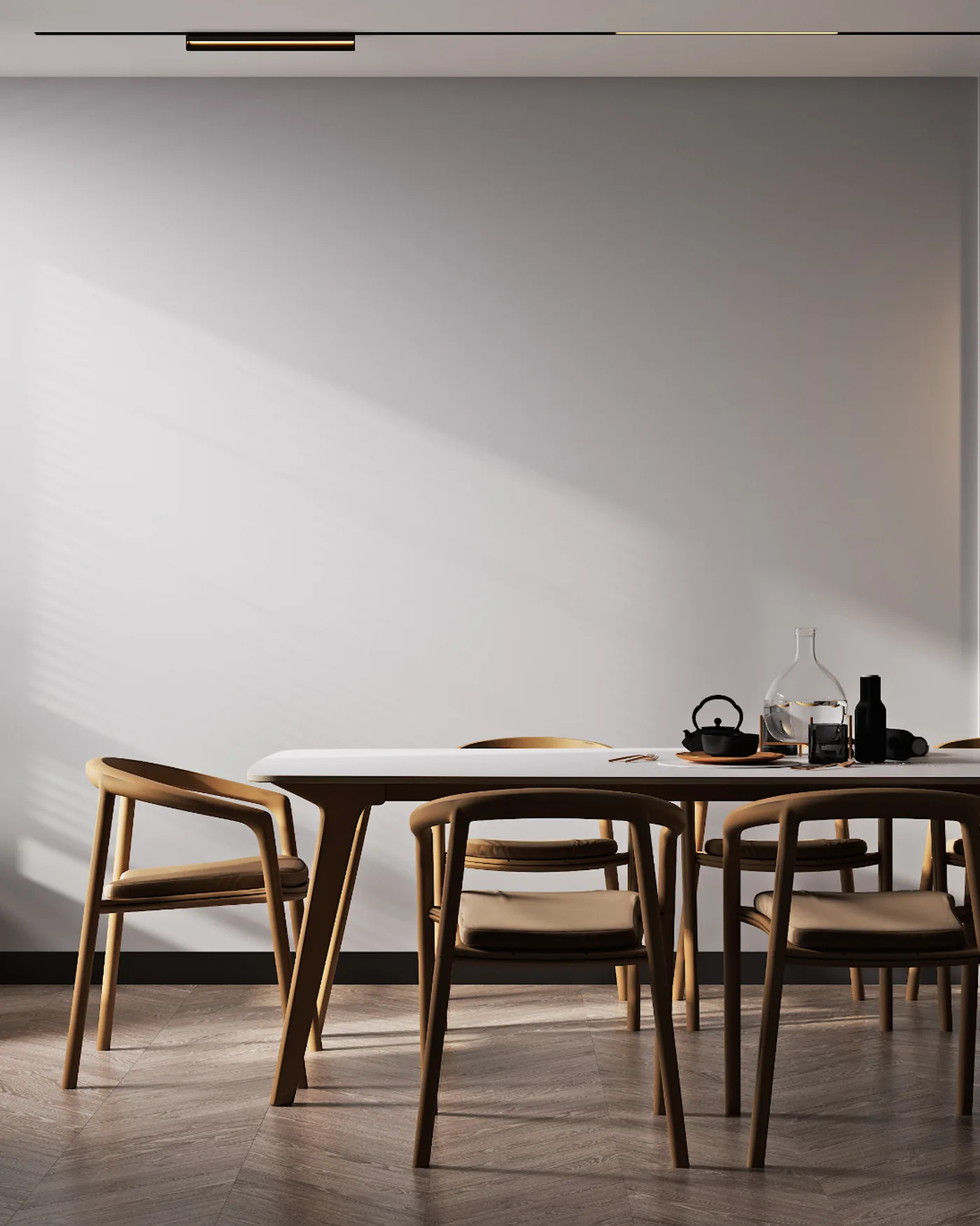 Minimalist dining room with a light table and wooden chairs beside tall shuttered windows